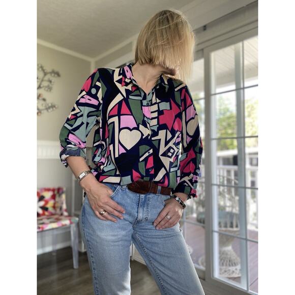 Big Dart Pop Art Inspired women's geometric print long sleeve blouse US Size 12 - Picture 1 of 6